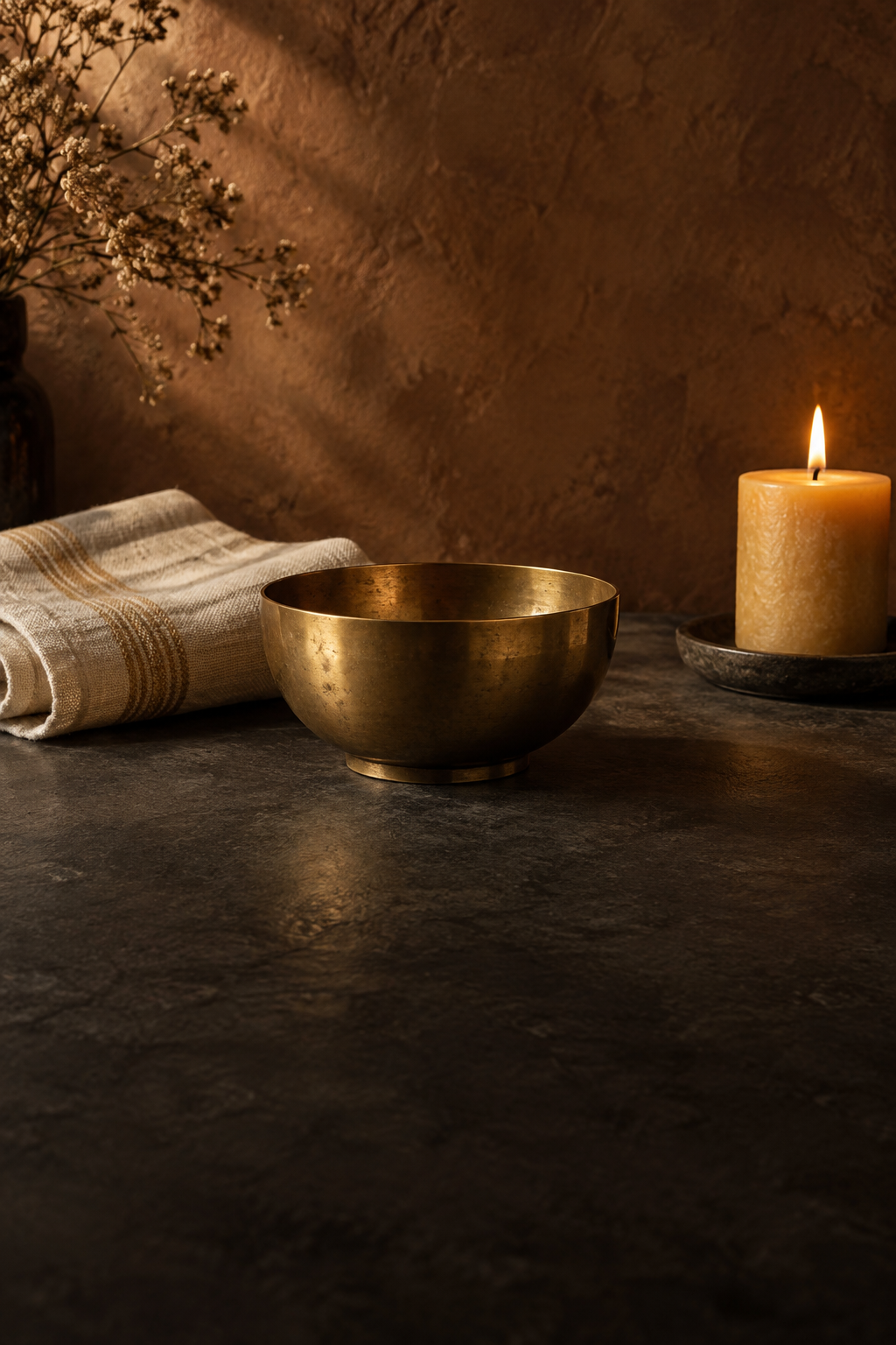 A brass ritual bowl and folded woven cloth in a quiet interior