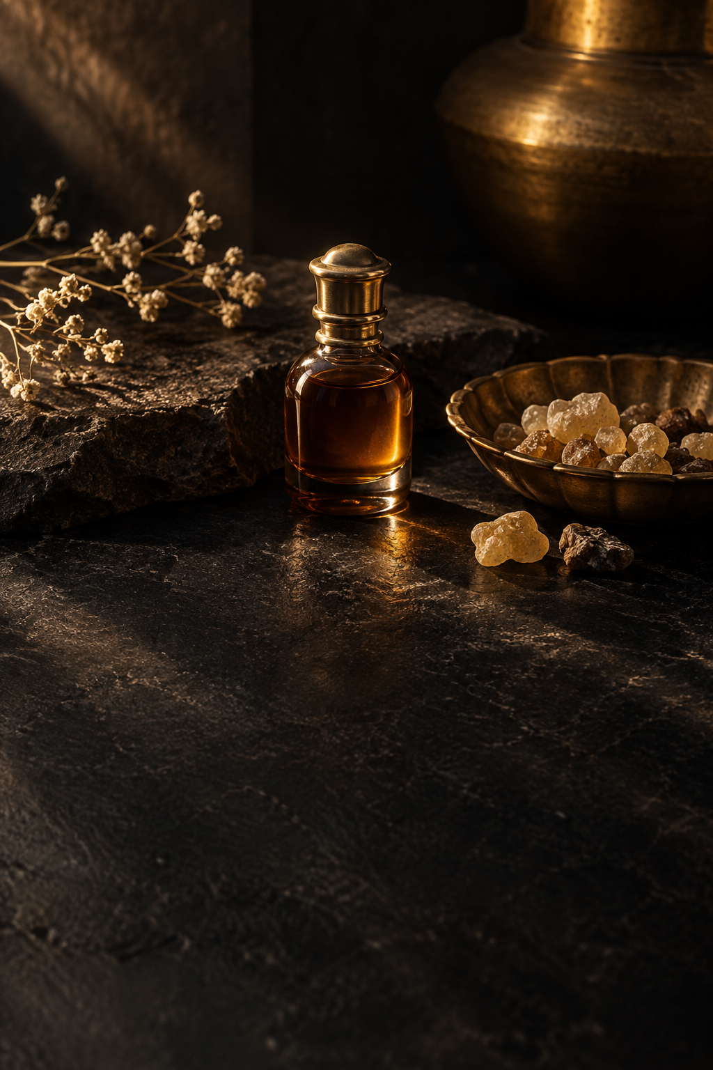 An unlabelled attar bottle and natural incense resin on dark stone