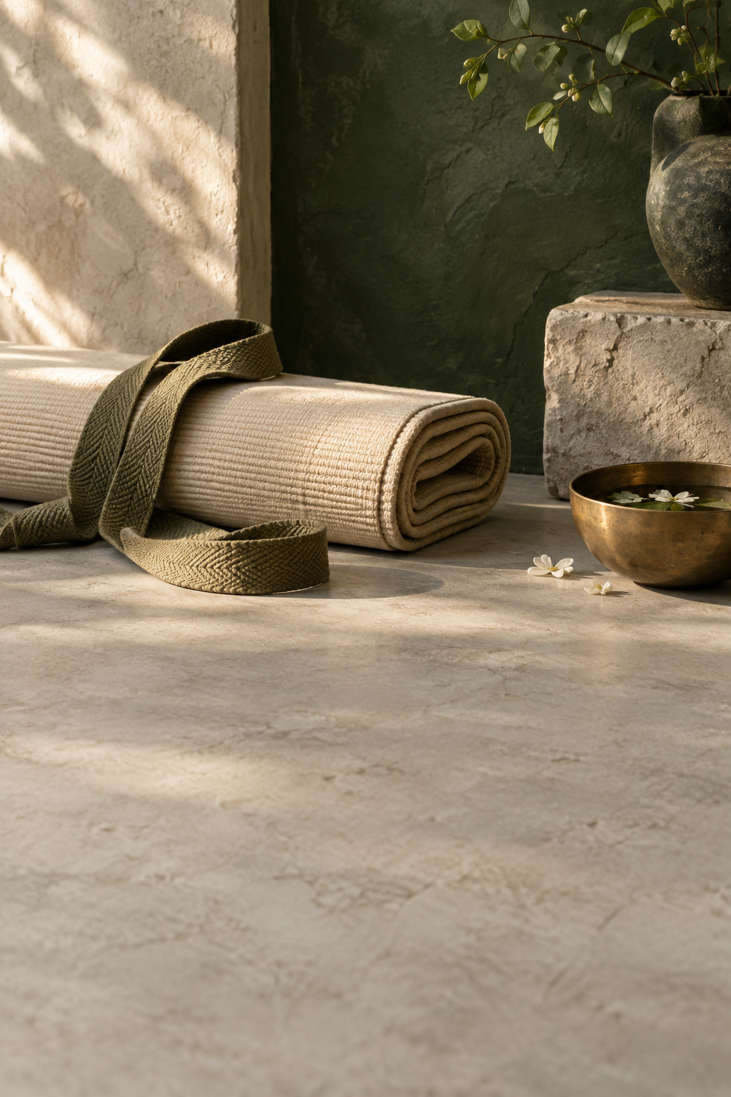 A folded natural cotton yoga mat and brass bowl in a calm studio