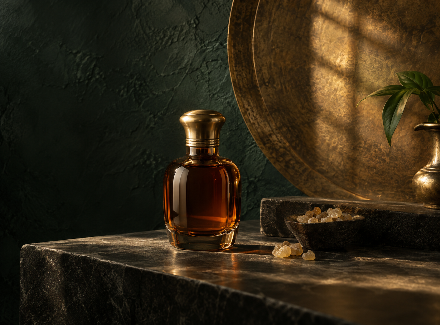An unlabelled amber attar bottle with brass, incense resin and dark stone