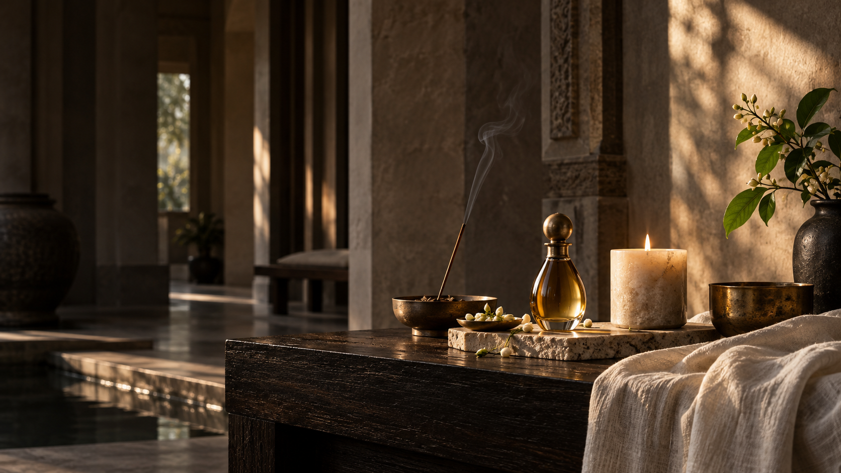 Attar, candle and incense arranged in a sunlit stone ritual room